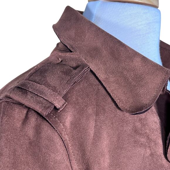 Magaschoni Women’s Chocolate Brown Faux Suede Belted Wrap Coat Size S EUC - Picture 4 of 15